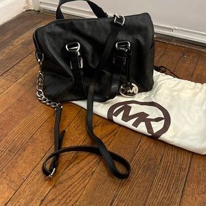 Black and silver bag with shoulder strap